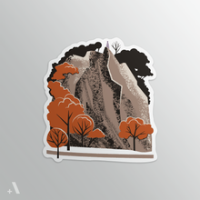 Load image into Gallery viewer, Chickies Rock haunted place sticker, 2” at longest point, depicting this dramatic cliff known for tragic legends and ghost stories. Ideal for hikers and lovers of eerie landmarks.
