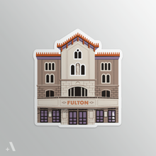 Load image into Gallery viewer, Fulton Theatre haunted place sticker, 2” at longest point, showcasing the spectral folklore of this iconic Lancaster performance venue. Great for fans of ghosts and the arts.