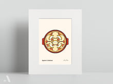 Load image into Gallery viewer, Illustrated Apples & Buttons small print, matted to 8x10”, featuring this traditional Pennsylvania Dutch dish made with tart apples and sweet cinnamon sauce. A beautifully detailed folk art print, perfect for celebrating heritage recipes and adding charm to your kitchen decor.