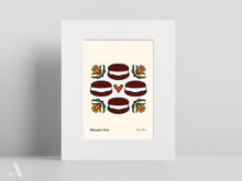 Load image into Gallery viewer, Illustrated Whoopie Pies small print, matted to 8x10”, showing this Pennsylvania Dutch treat with soft, cake-like cookies filled with creamy frosting. A delightful kitchen decor piece for food lovers.