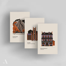 Load image into Gallery viewer, Hero image featuring three Haunted Places of Lancaster County prints: Chickies Rock, Old Main at Franklin &amp; Marshall College, and Railroad House Inn. Unmatted 8x10” art prints showcasing eerie local legends and ghostly landmarks—perfect for fans of haunted history and Lancaster folklore.
