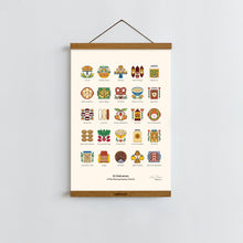 Load image into Gallery viewer, Illustrated Pennsylvania Dutch Foods poster displayed in an engraved Addvent magnetic frame, featuring 25 traditional dishes like soft pretzels, whoopie pies, Lebanon bologna, and corn pie. A unique way to showcase PA Dutch heritage in kitchen decor.
