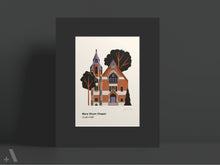 Load image into Gallery viewer, Mary Dixon Chapel at Linden Hall haunted places print, matted to 8x10” with a black matte, depicting the quiet eeriness and mysterious past of this secluded chapel. A haunting addition to spiritual or gothic-themed decor.

