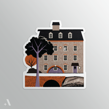 Load image into Gallery viewer, Sickman’s Mill haunted place sticker, 2” at longest point, depicting eerie tales from this riverside mill. A spooky collectible for haunted history enthusiasts.
