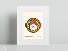 Load image into Gallery viewer, Illustrated Ham &amp; String Beans small print, matted to 8x10”, showcasing this hearty Pennsylvania Dutch dish made with tender ham and fresh string beans. A beautifully detailed folk art print, perfect for rustic kitchen decor and comfort food lovers.
