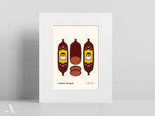 Load image into Gallery viewer, Illustrated Lebanon Bologna small print, matted to 8x10”, celebrating this famous Pennsylvania Dutch smoked beef sausage. A great addition to kitchen decor and heritage food collections.
