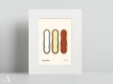 Load image into Gallery viewer, Long Johns small print, matted to 8x10”, showcasing this classic Pennsylvania Dutch sweet treat, fried and often filled with cream. A perfect addition to kitchen decor for dessert enthusiasts.
