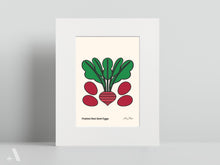 Load image into Gallery viewer, Illustrated Pickled Red Beet Eggs small print, matted to 8x10”, featuring this classic Pennsylvania Dutch dish of hard-boiled eggs marinated in vibrant red beet juice. A detailed folk art print, perfect for showcasing traditional recipes and enhancing your kitchen decor.
