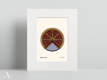 Load image into Gallery viewer, Shoofly Pie small print, matted to 8x10”, featuring this sweet, molasses-filled Pennsylvania Dutch dessert. A beautiful folk art print perfect for dessert lovers and those who appreciate traditional foods.
